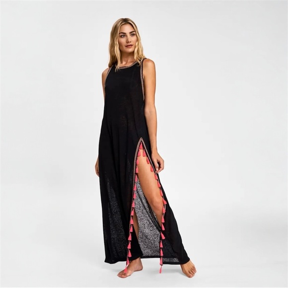 Pitusa Black Cover-Up with Pink Tassel